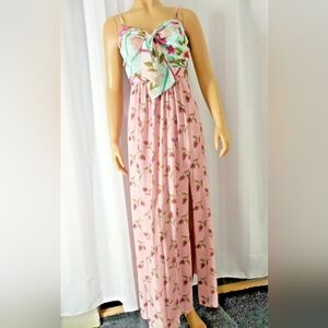 Floral Pink Maxi Dress with Bow Detail